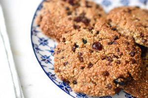 Cinnamon Cranberry Cacao Cookies on blue plate with almond milk