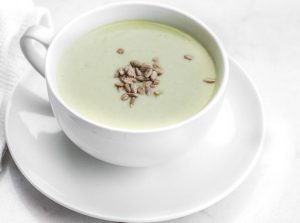 Cream of Celery Soup with Pumpkin Seeds in Soup Cup Thumbnail