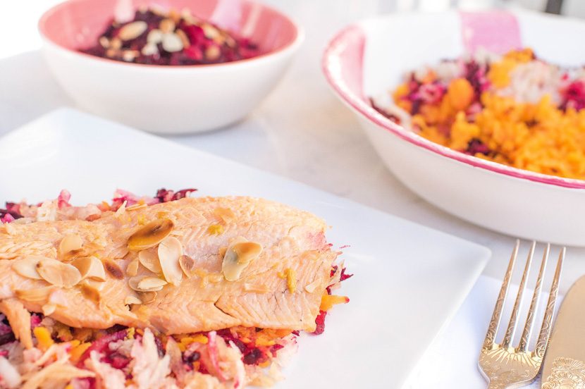 Trout with shredded beetroot, butternut squash, fennel and a mustard dressing