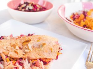 Trout with shredded beetroot, butternut squash, fennel and a mustard dressing