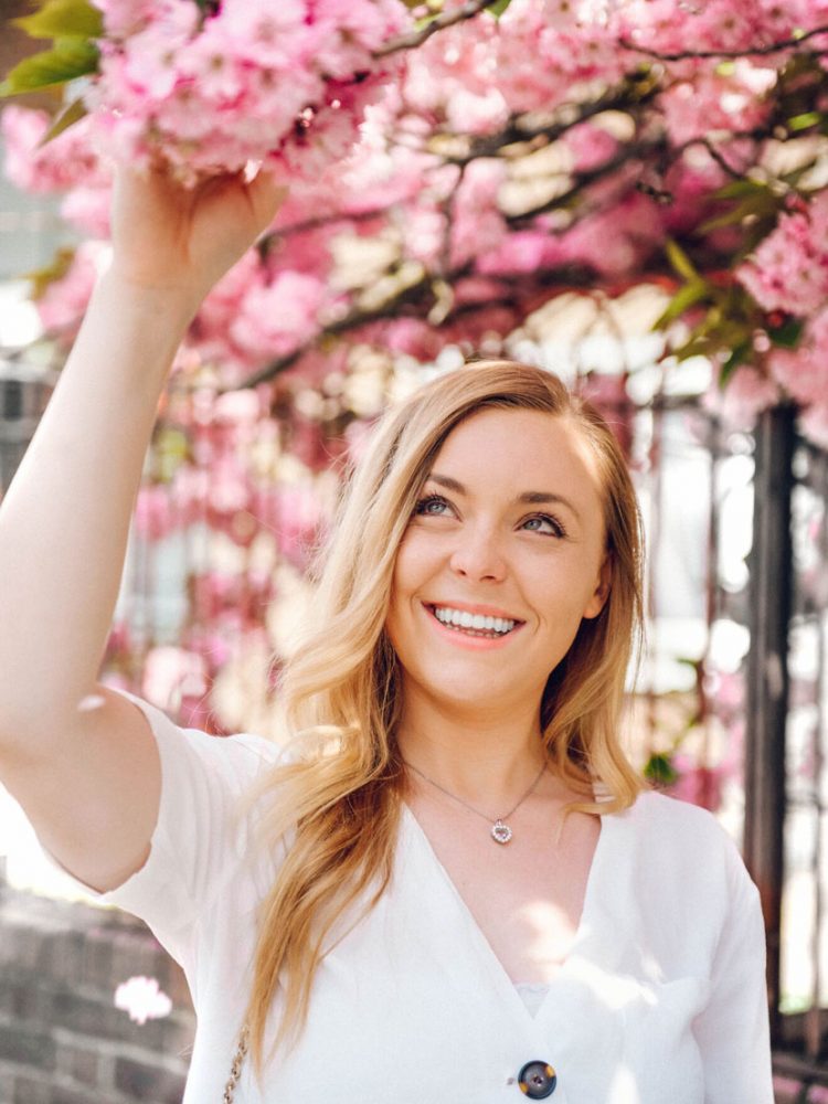 Girl Smiling Blossom Trees Flowers Spring