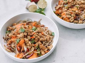 Gluten-free and vegan Sesame Tempeh Summer Noodles with carrot ribbons