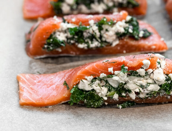 Feta and dill stuffed salmon with a paprika garlic crust