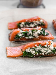 Feta and dill stuffed salmon with a paprika garlic crust