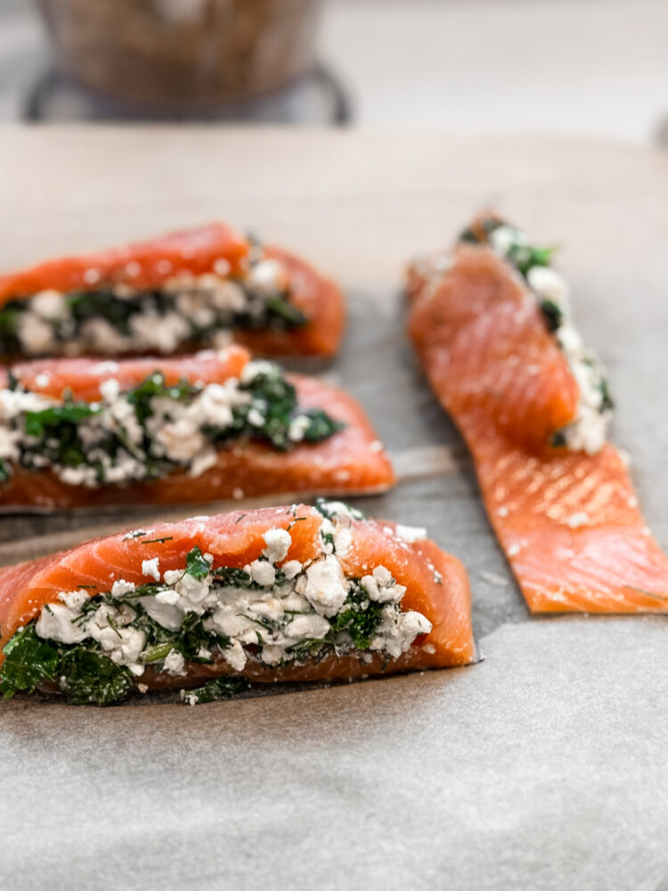 Feta and dill stuffed salmon with a paprika garlic crust