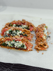 Feta and dill stuffed salmon with a paprika garlic crust