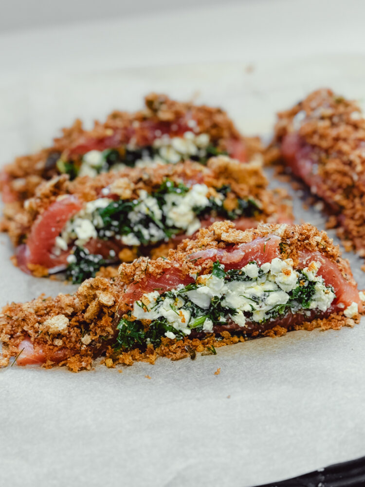 Feta and dill stuffed salmon with a paprika garlic crust