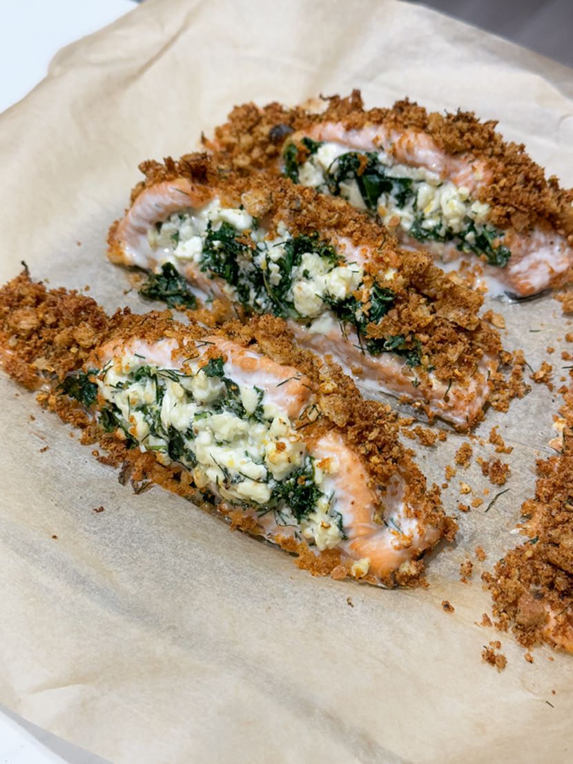Feta and dill stuffed salmon with a paprika garlic crust