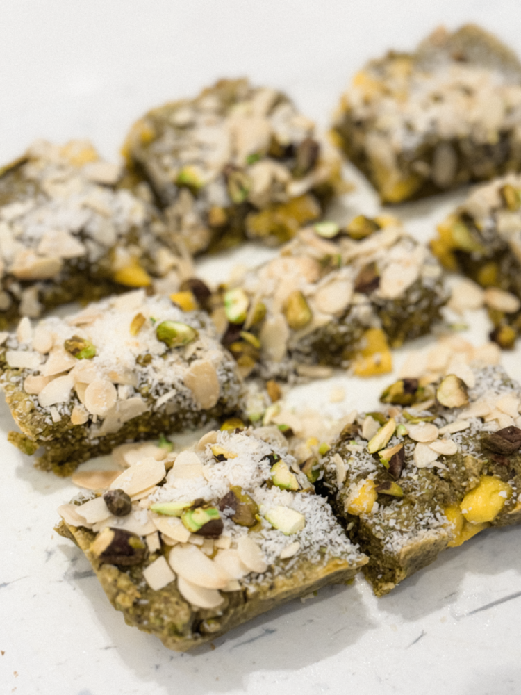 Gluten-free Sticky Mango and Pistachio Bars