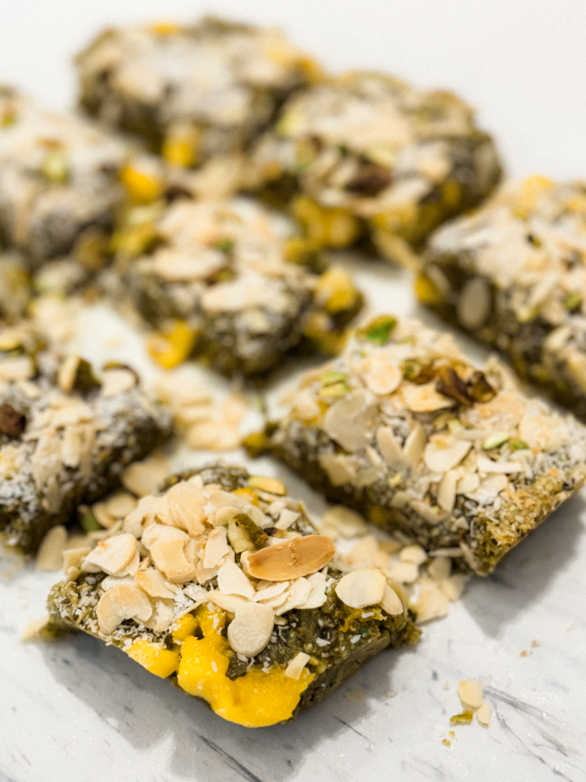 Gluten-free Sticky Mango and Pistachio Bars