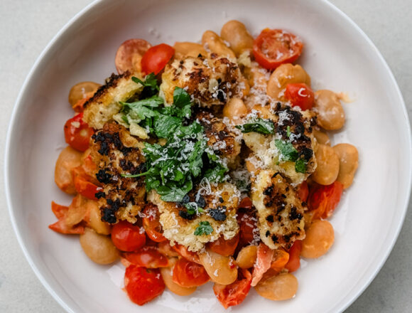 Crispy Panko Chicken with Mascarpone Tomato Butter Bean Medley & Garlic Butter Drizzle