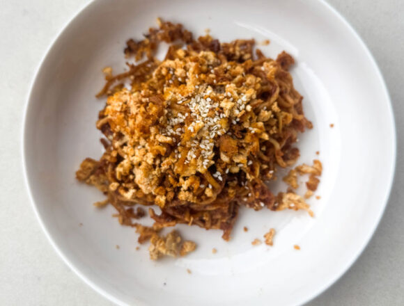 Peanut chilli oil noodles smoked tofu crumb